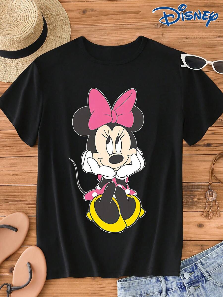 Disney IP Authorized Minnie Mouse Graphic Print Short Sleeve T-Shirt, Round Neck, Stretchy, Easy Care Material, Suitable For Daily Wear, Fashionable Women's Short Sleeve T-Shirt, Casual Wear - Black - View 1