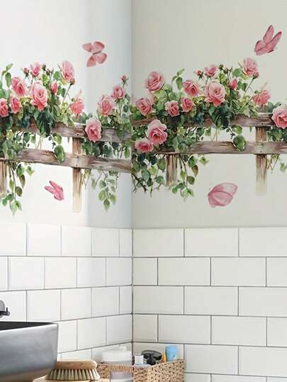 Rosa Blumen Ranken Rankgitter Tapete, Landhausstil Wandaufkleber für Wohnzimmer, Flur, Schlafzimmer, Esszimmer, Arbeitszimmer, abnehmbare PVC Wandtattoo