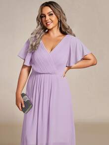 EVERPRETTY Plus Size Elegant Chiffon V-Neck Pleated Front Lavender Bridesmaid Dress, Soft High-Low Ruffle Hem, Suitable For Wedding Ceremony And Formal Evening Events - Mauve Purple - View 6