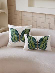 LCUHPCL 1pc 3D Green Butterfly Linen Embroidered Throw Pillow Cover, Suitable For Living Room, Bedroom, Party, Sofa And Various Environments, Spring/Summer - Multicolor - View 2