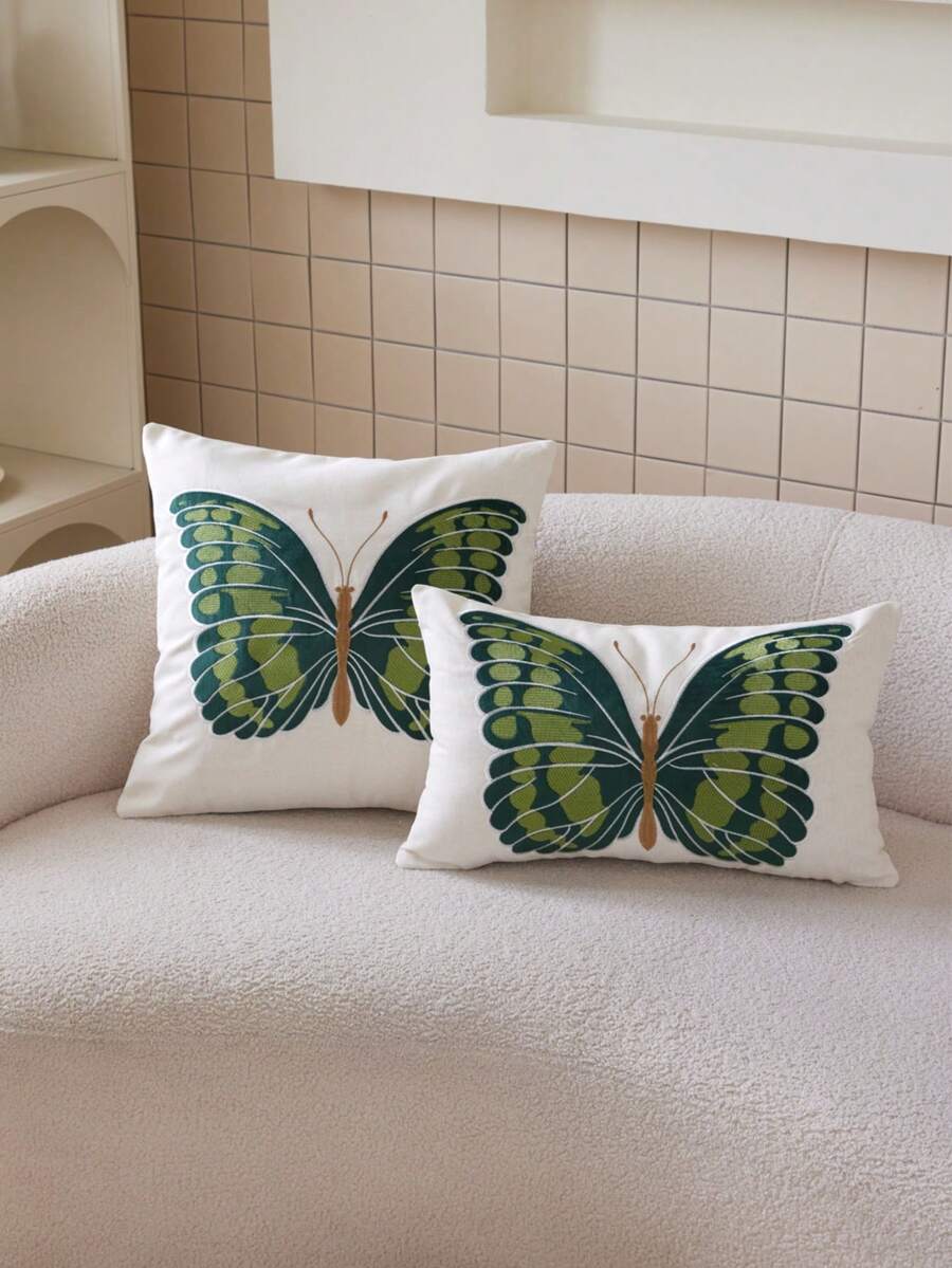 LCUHPCL 1pc 3D Green Butterfly Linen Embroidered Throw Pillow Cover, Suitable For Living Room, Bedroom, Party, Sofa And Various Environments, Spring/Summer