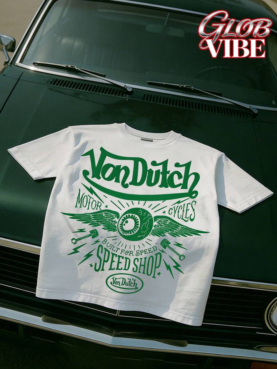 Men's Summer Outdoor T-Shirt With A Stylish English VOND**H Printed Pattern, Loose Round-Neck Multicolor Short-Sleeve T-Shirt. - White - View 1