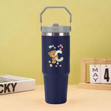 30盎司不锈钢保温水杯，带提手，双层壁防漏，适用于大多数杯架，带盖和吸管，适合健身房、家庭、办公室和旅行，A-Z字母熊图案 - 藏蓝色 - 查看 30