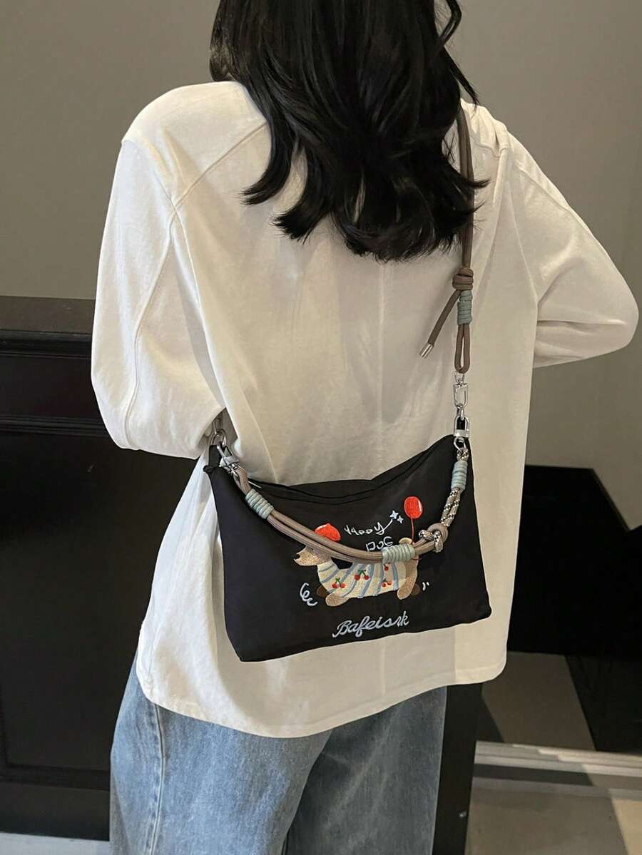 Bolso de hombro mini con bordado de perro salchicha, bolso cruzado casual y versátil, bolso diario para estudiantes - Negro - Ver 1