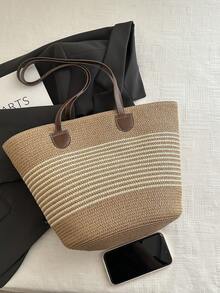 大容量度假沙滩包，女士编织手提包，时尚草编单肩包 - 米色 - 查看 6