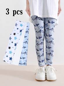 3 Pairs Kids' Digital Print Leggings, Versatile Wear Inner Or Outer, Suitable For Summer, Early Spring And Autumn - Multicolor - View 1