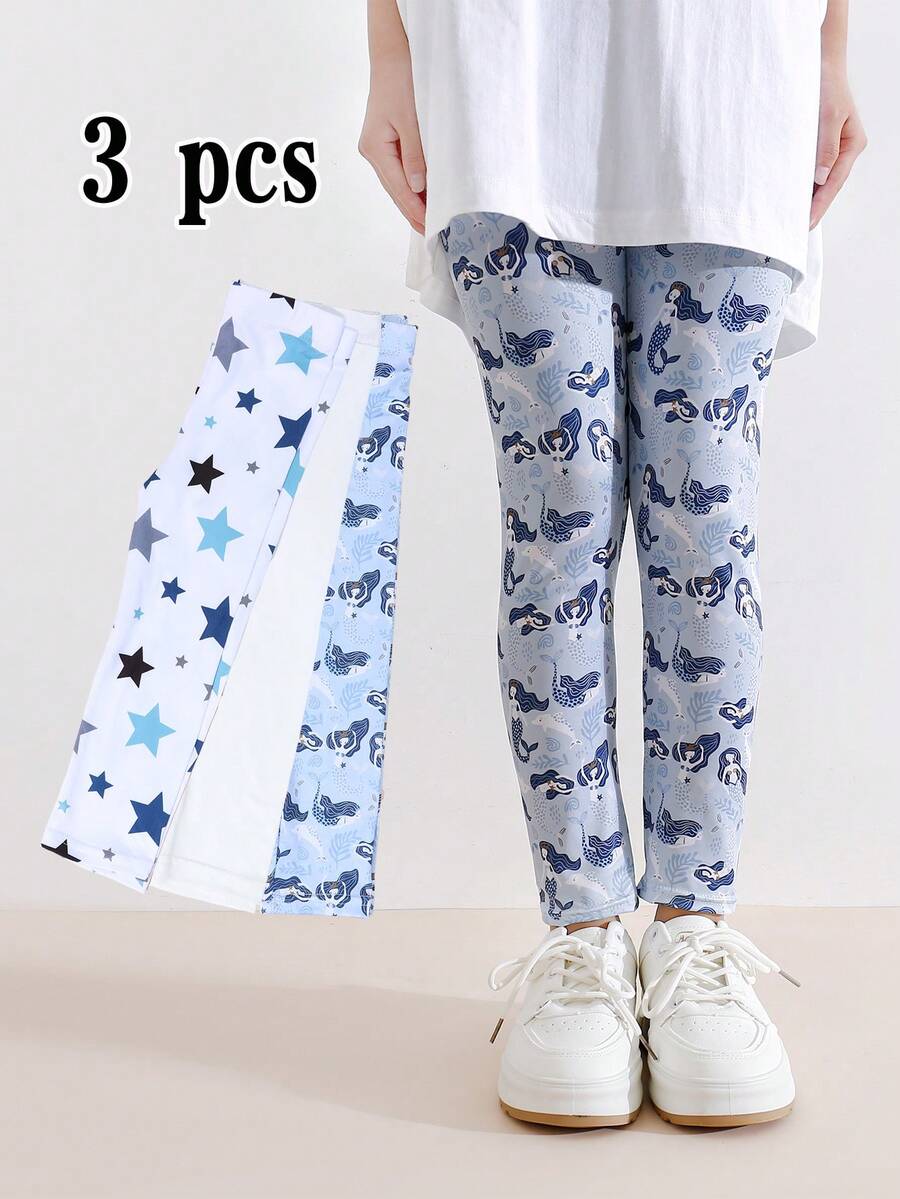 3 Pairs Kids' Digital Print Leggings, Versatile Wear Inner Or Outer, Suitable For Summer, Early Spring And Autumn - Multicolor - View 1
