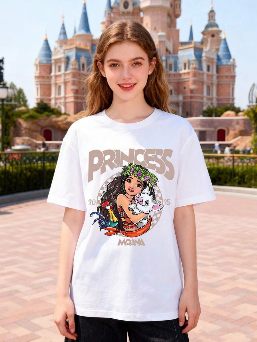 Disney Women's T-Shirt Featuring A Creative Moana Princess Lettering Cartoon Print Spring/Summer Women's Crew Neck T-Shirt Soft And Comfortable 100% Cotton Fabric A Stylish Disney Women's Graphic Tee Perfect For Everyday Wear, Outings, Travel, And Leisure Also Makes An Exquisite Gift - White - View 1