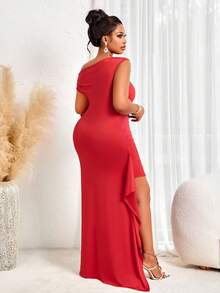 BIUBIU Plus Size Women's Red Asymmetric Hem Dress With Shoulder Strap Draped Sleeves And Front Slit, Elegant For Party, Wedding Guest, Gala Summer - Bright Red - View 2