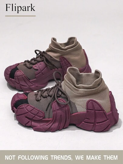 Flipark 1双女士运动厚底休闲鞋，机甲风格紫色和棕色撞色网面透气防滑中帮运动鞋