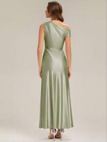 EVERPRETTY Nouvelle robe de demoiselle d'honneur asymétrique élégante à l'épaule dénudée en satin brillant, robe de cocktail vert matcha avec fente haute plissée douce, adaptée pour les invités de mariage, les fêtes, les dîners de gala, les célébrations d'anniversaire au printemps - Vert - Voir 4