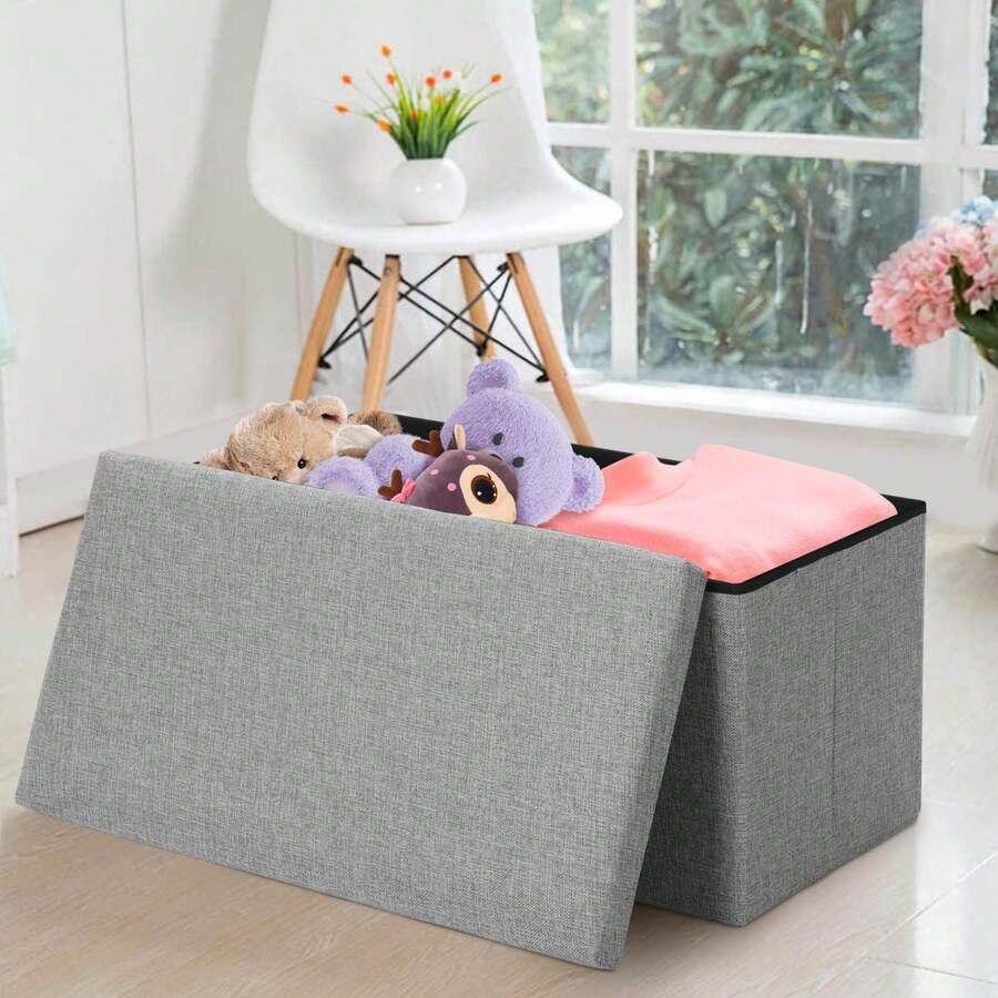Ottoman Storage Bench Footrest Stool, Folding With Lid – Long Shoe Bench Footstool Storage Box For Living Room, - Gray - 76x38x38CM - View 1