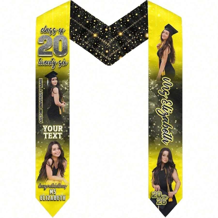 1PC Personalized Graduation Stoles, Custom Name & Photo Graduation Sash, Class Of 2026 Graduation Gifts - 62"X4.5" - Yellow - View 1