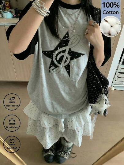 Y2K 可爱星星音符印花撞色插肩袖T恤，女款白色休闲夏季上衣