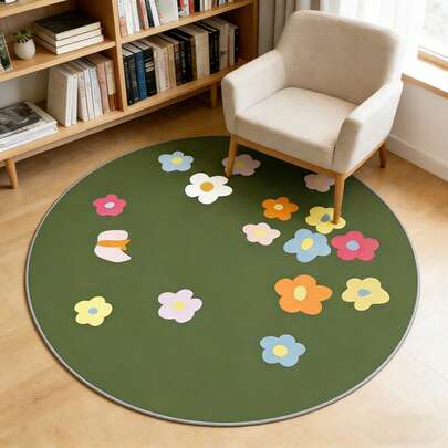 1pc Creative Floral Round Decorative Rug, Bedside Rug, Faux Wool Plush And Soft Material, Living Room Sofa Rug, Bedroom Decor Rug, Thickened Entryway Rug, Foldable And Washable, Balcony, Coffee Table, Reading/Play Area Rug, Home Decor Carpet