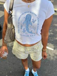 Summer New Simple Fashion Mantra Blue Whale Shark Print Y2K Casual Round Neck Short Sleeve Waist T-Shirt, Fashionable & Versatile Women Top - White - View 1