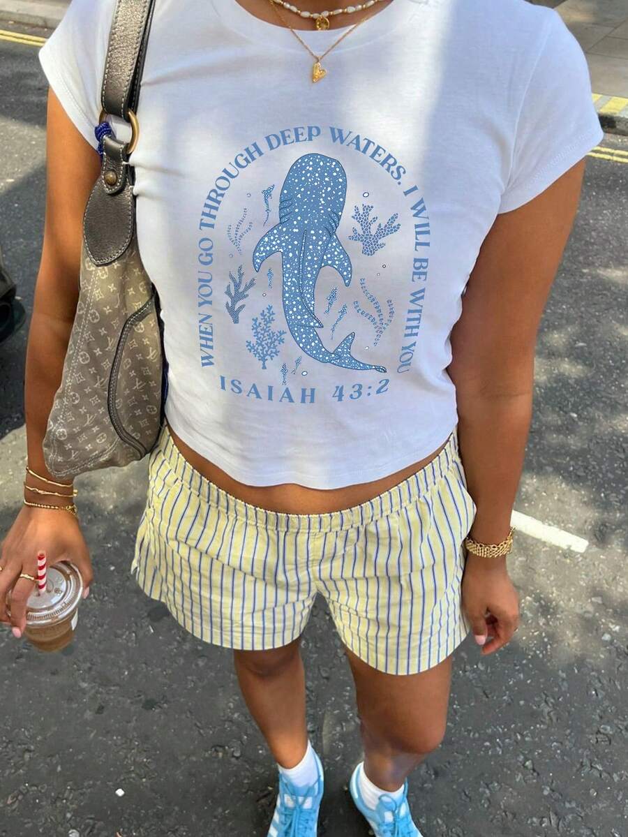 Summer New Simple Fashion Mantra Blue Whale Shark Print Y2K Casual Round Neck Short Sleeve Waist T-Shirt, Fashionable & Versatile Women Top - White - View 1