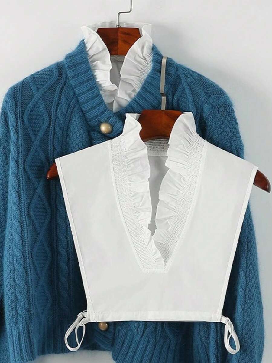 1pc Women's Elegant Pure White Polyester Fashion Fake Collar, V-Neck Lace Floral Ruffle Collar, Suitable For Daily Wear, All Seasons,Travel,Festival - Multicolor - View 1