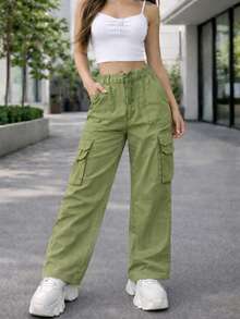 Pantalon cargo mujer tiro alto wide leg bolsillos laterales urbano casual streetwear holgado recto - Verde Oliva - Ver 1