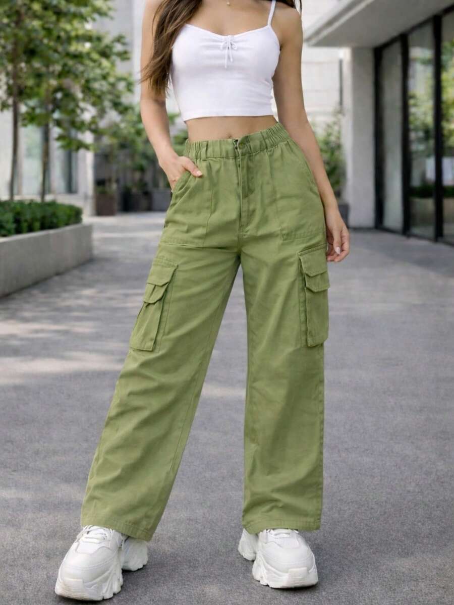 Pantalon cargo mujer tiro alto wide leg bolsillos laterales urbano casual streetwear holgado recto - Verde Oliva - Ver 1