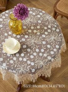 Cirelle 1 块欧根纱面料圆形桌布，带水溶性蕾丝花边，刺绣精美，适用于厨房、餐厅、客厅，多种尺寸可供选择，耐污，可用于家居装饰、节日、户外晚宴、野餐 - 米色 - 查看 2