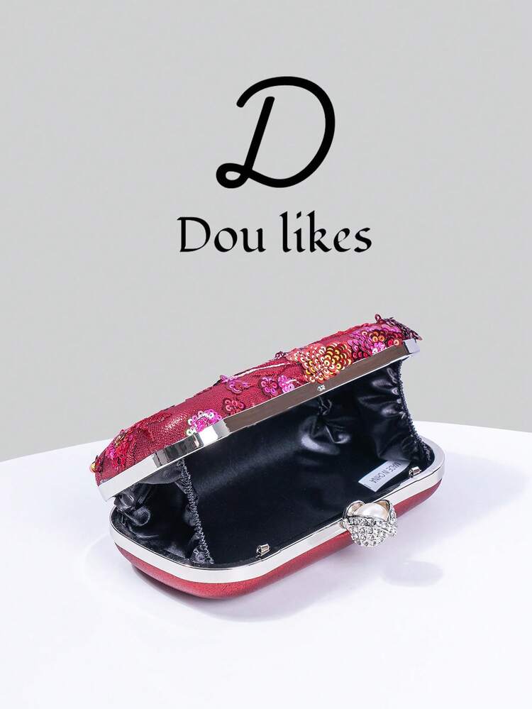 1pc Sequin Embroidered Evening Clutch Bag, Floral Sequin & Embroidery Design, Elegant Engagement Handbag For Cheongsam Dress, With Metal Chain, Suitable For Party, Wedding, Prom, Banquet - Burgundy - View 9