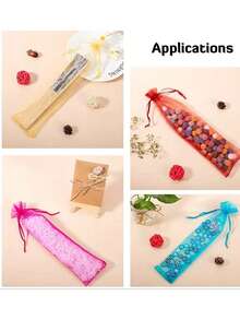 1-100pcs Drawstring Organza Gift Bags, Used For Folding Hand Fan Storage, Gauze Bags, Rectangular Gift Bags, Multi-Purpose Transparent Organza Bags, Handmade Packaging Bags, Party Wedding Favors; First Birthday Gifts, Wedding Favor Gift Bags, Party Gifts, Fan Storage - White - View 5