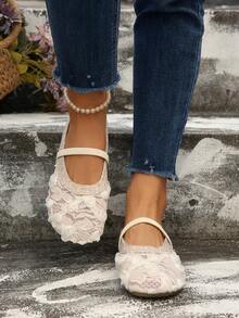2026新款玛丽珍鞋，蕾丝网面单带套脚鞋，软底闭趾穆勒鞋，适合搭配连衣裙 - 米色 - 查看 2