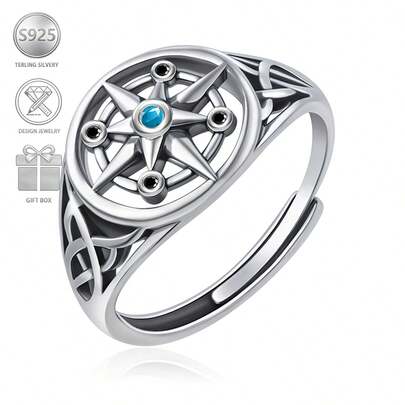 1枚复古925银八角星镶嵌合成绿松石戒指，适合日常休闲佩戴，也是节日和生日送给家人朋友的礼物。