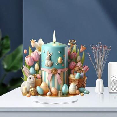 2D Flat Easter Bunny And Candle Egg Acrylic Decor With Base - Holiday Candle Holder, Suitable For Easter, Festival And Celebrations, Elegant Pink Lighting Design, Holiday Gift Collection, Pastel Style Decor | Exquisite Pattern, Bunny Accessory Office Desk Desk Office Supplies Office Decor
