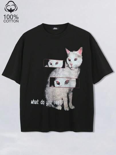 Tiny Spark Camiseta negra casual de hombre con estampado de eslogan de gato, verano