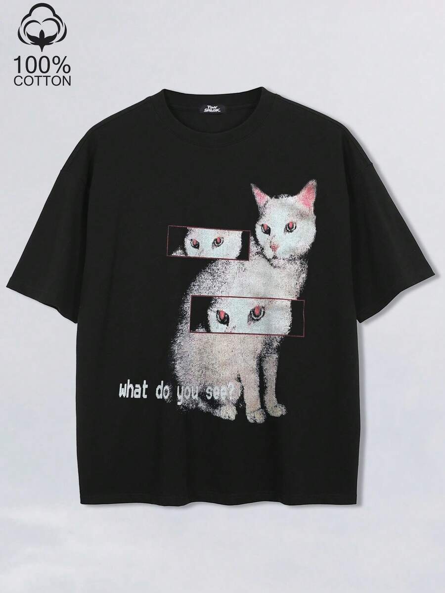 Tiny Spark 男士休闲黑色猫咪标语印花T恤，夏季 - 黑色 - 查看 1