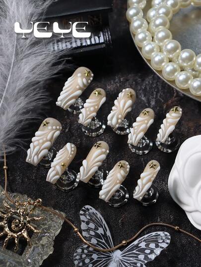 10pcs Fake Nails Press On Coffin Long,Nude Pink As The Base Color,Natural Looking,3D Three-Dimensional Decoration White Element,Glow In Dark,Gold Star, Full Coverage Press On Nails With Charms,Nail Supplies Perfect For Women And Girls' Daily Looks,Nail Art Great For Party,Wedding,Daily, Ceremonies And Other Occasions,Included Tool Set Makes A Great Gift