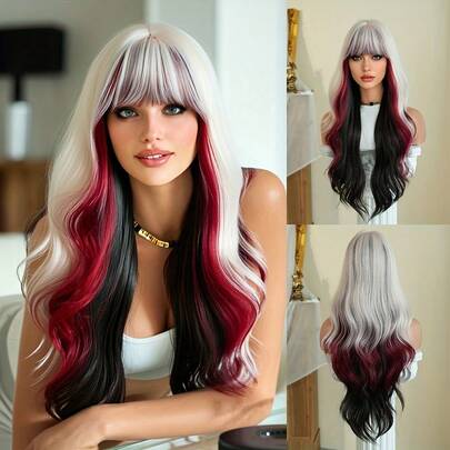 Barbique Long Wavy Synthetic Fiber Hair Wig For Women | Layered With Bangs, High Temperature Heat Resistant Fiber, Rose Net Wig Cap, Easy To Wear, Suitable For Daily Use And Parties, Ideal For Festivals Like Christmas And Halloween, 28 Inches