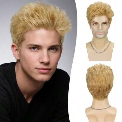 Men's 8" Blonde Short Spiky Wig, Heat Resistant Synthetic Hair, Natural Textured Hairstyle For Daily Wear, Cosplay & Party