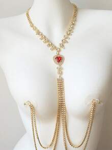 Cadena de pecho con forma de corazón con cristales y flecos glamorosa y sexy, joyería exagerada de bikini con cristales para mujer, regalo del Día de San Valentín - Dorado - Ver 2