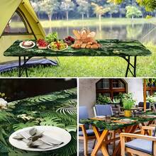 1pc Elastic Edge Tablecloth, Suitable For Outdoor Use, Lightweight And Washable, Deep Green Jungle Style With Tropical Plant Print, Full Cover Tablecloth For Picnic Party, Family Gathering, Indoor/Outdoor Decoration, Holiday Use - Multicolor - View 3