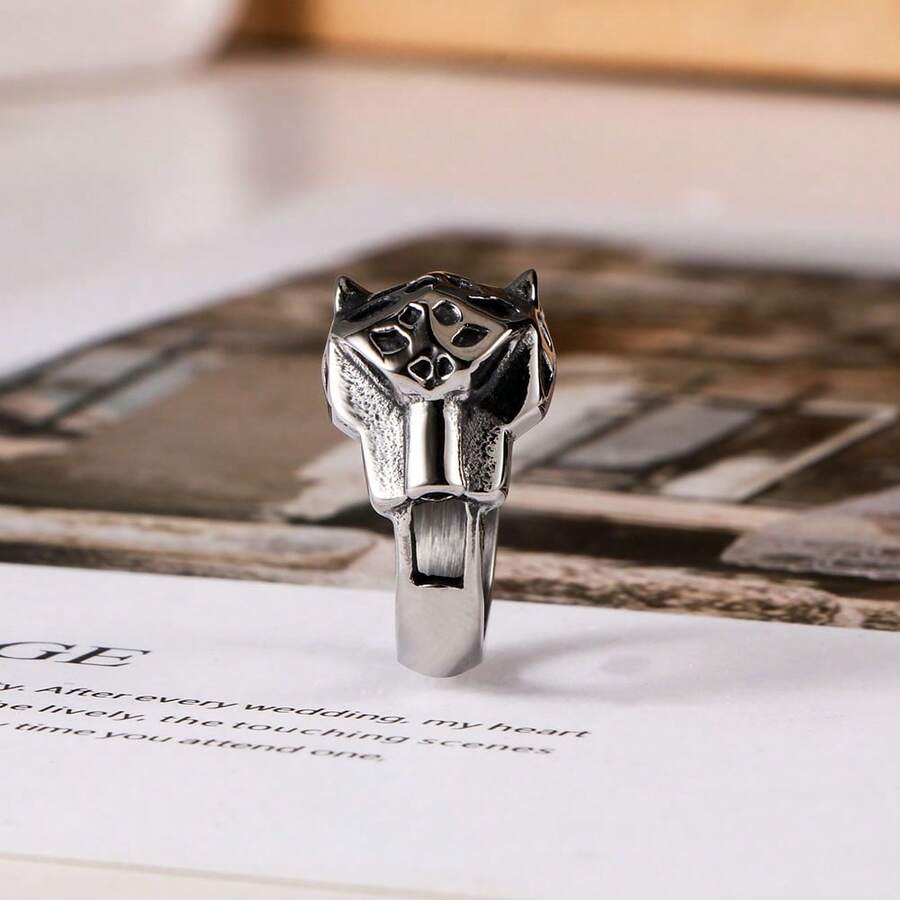 1pc Stainless Steel Leopard Head Ring, Punk Fashion Creative Animal Design, Non-Fading, Fierce Gentleman Style Gift - Silver - View 1