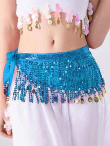 Women's Belly Dance Hip Scarf With Iridescent Sequin Fringe & Coin Tassels, Adjustable Waist Wrap For Performance, Practice & Party Wear (Available In Multiple Colors) - Multicolor - View 31