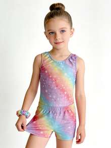 E.DANCE 3pcs/Set Girls Gymnastics Leotard And Shorts Set, Girls Athletic Jumpsuit Leotard,   Dance Activewear, Suitable For Casual, Sports, Competition - Star rainbow - 查看 3