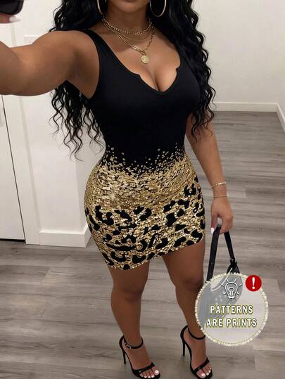 Vestido Preto Decotado Sexy Tipo Bombshell Y2K Sem Mangas para Mulheres, Vestido Camisole com Estampa de Lantejoulas de Luxo, Adequado para Festas de Verão, Encontros, Galas