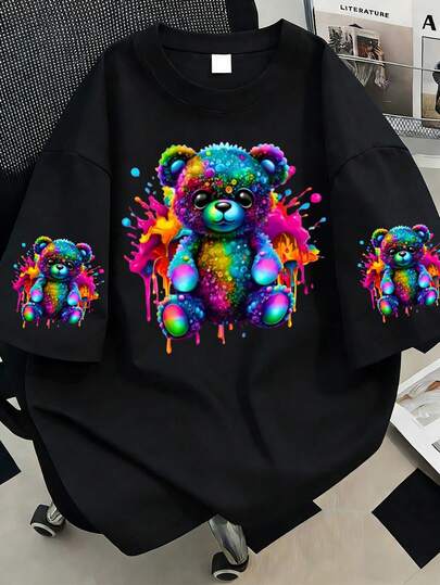 可爱小熊印花圆领女士休闲T恤，大码女士夏季时尚短袖。适合夏季度假、情人节、母亲节礼物；送给妈妈的礼物；毕业短袖上衣；返校装；毕业典礼；女教师装；夏季家庭和朋友聚会装。适合日常穿着、外套、野餐、节日、海滩、派对、生日、聚会、舞蹈、学校、音乐节、度假、通勤、健身、婚礼、新年、春季上衣、女士夏季服装、女士节日服装。