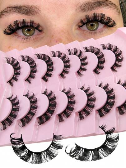 Hinarin 7 Pairs DD Curl Russian Strip Lashes Dense Curled And Fluffy Create Cat-Eye Makeup Effect Slender 8D Dense False Eyelashes Enhance Eye Contour Lengthen And Thicken The Outer Corner Of Eyes Create Exquisite Makeup Look False Eyelashes Lash Clusters,Lashes,Eyelashes,Fake Lashes