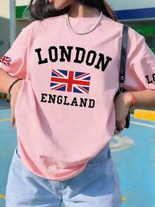 女士夏季伦敦字母印花旗袍图案圆领短袖T恤，休闲宽松百搭度假风上衣，适合度假和夏季时尚穿着，粉色 - 粉色 - 查看 2