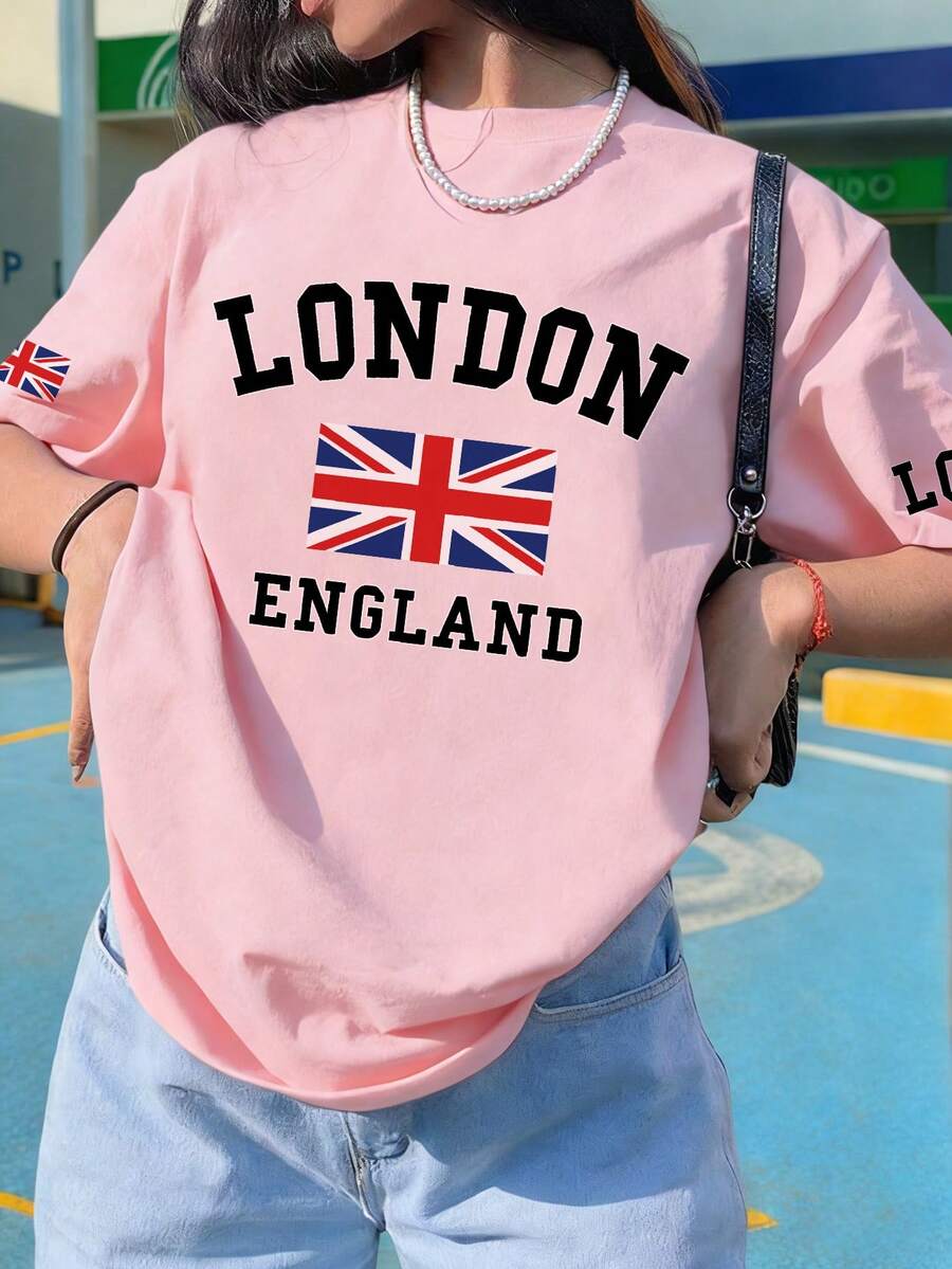 女士夏季伦敦字母印花旗袍图案圆领短袖T恤，休闲宽松百搭度假风上衣，适合度假和夏季时尚穿着，粉色