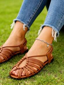 2026春夏新款罗马编织凉鞋，女士低跟露趾细带踝带凉鞋，情人节、母亲节、7月4日独立日、海滩度假礼物之选 - 棕色 - 查看 3