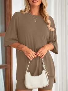 PRETTYGARDEN Women's Summer Clothes 2 Piece Sets Lounge Set Casual Oversized Shirts Biker Shorts Matching Airport Travel Sweatsuit Set Women Vacation Outfit Dark Khaki Summer Brunch Outfits For Women - 深卡其 - 查看 5