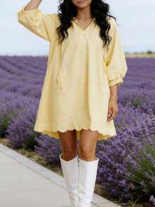 Women Fairy Grunge Summer Mini Dress Flowy Bubble Sleeves V Neck Solid Color Loose Fit Going Out Casual Streetwear - 黃色 - 查看 2