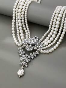 【奢华珍珠项链】优雅多层仿珍珠项链 - 奢华水晶吊坠，女士派对宴会配饰 - 珍珠款 - 查看 3