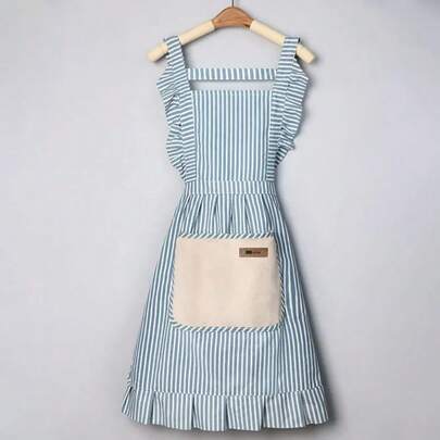 Linen Striped Apron, Fashionable And Breathable, Suitable For Housework, Restaurant, Home, Outdoor, Kitchen And Other Occasions. Princess Waist Design With Shoulder Strap And Waist Strap, Made Of High-Quality Fabric, Resistant To Friction And Pilling. Adjustable Wide Tie At The Back, Fits Various Body Types.